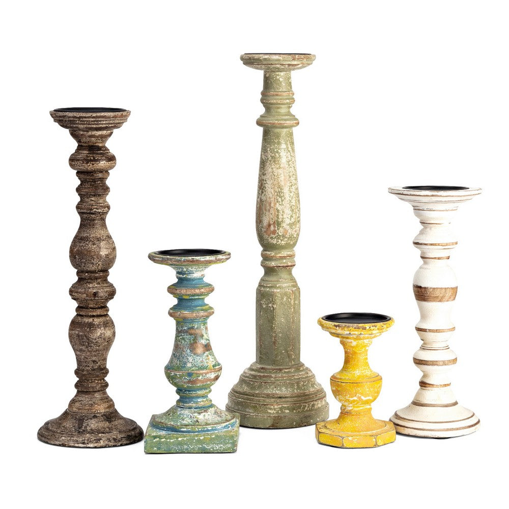 Hez 5pc Layered Candle Holder Set, Distressed Cream and Brown Wood - BM350135