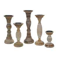Hez 5pc Turned Candle Holder Set, Dark Rustic White and Beige Mango Wood - BM350136