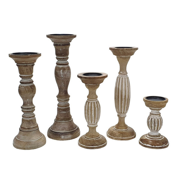 Hez 5pc Turned Candle Holder Set, Dark Rustic White and Beige Mango Wood - BM350136