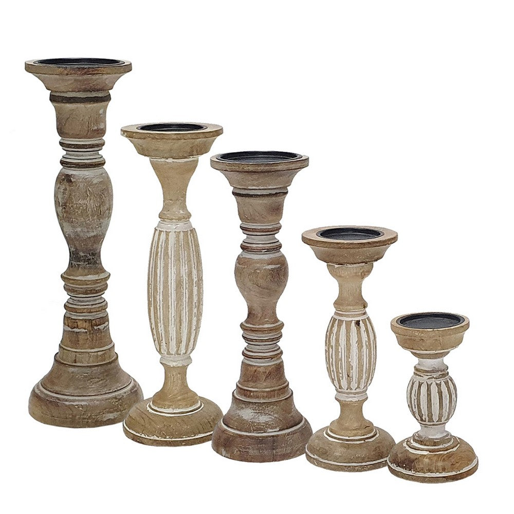 Hez 5pc Turned Candle Holder Set, Dark Rustic White and Beige Mango Wood - BM350136