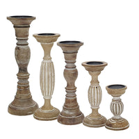 Hez 5pc Turned Candle Holder Set, Dark Rustic White and Beige Mango Wood - BM350136