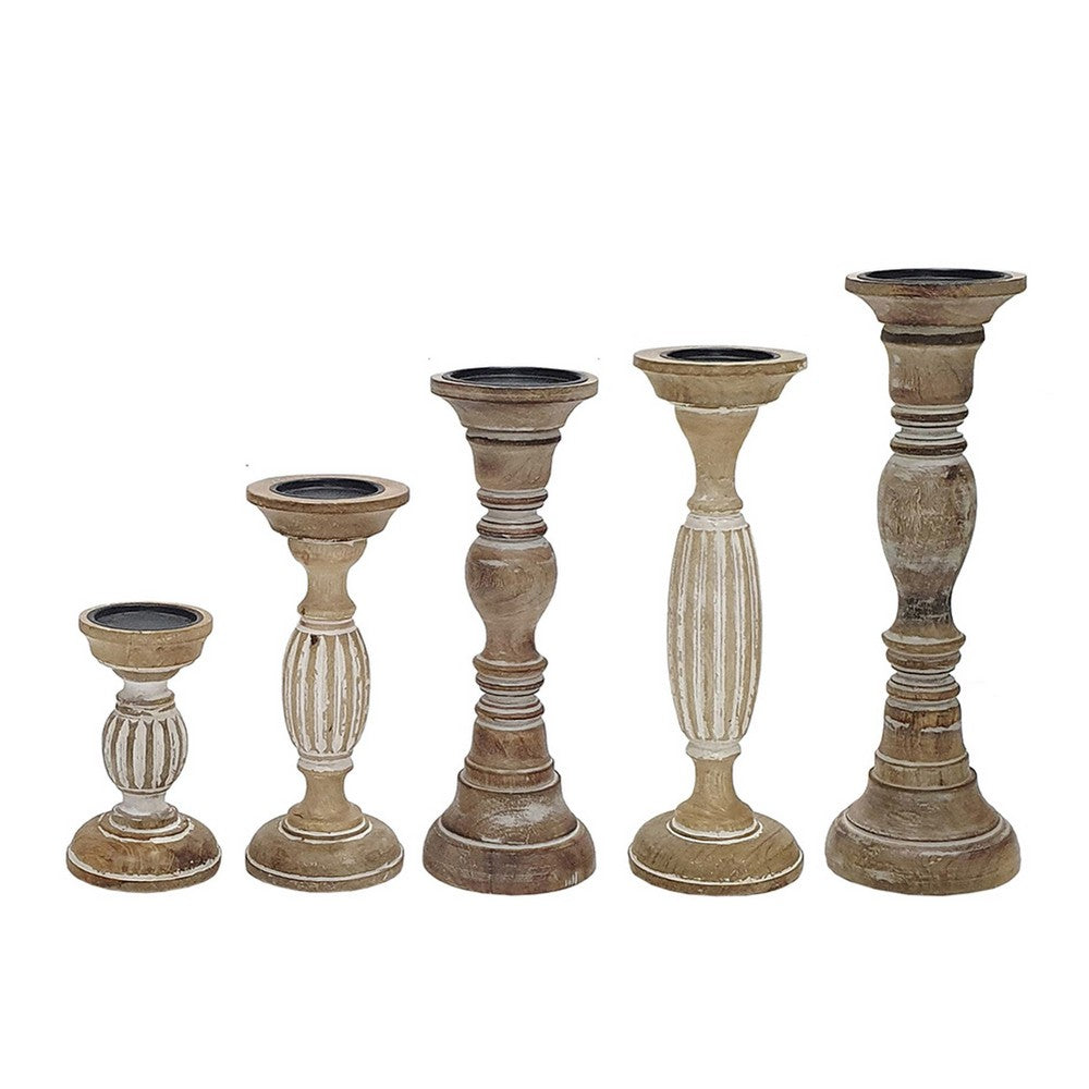 Hez 5pc Turned Candle Holder Set, Dark Rustic White and Beige Mango Wood - BM350136
