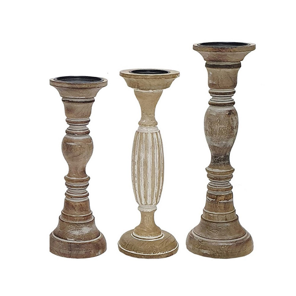 Hez 5pc Turned Candle Holder Set, Dark Rustic White and Beige Mango Wood - BM350136