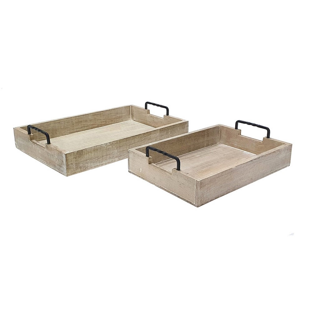 Rustic Accessory Tray Set of 2, Black Iron Handles, Natural Beige - BM350137
