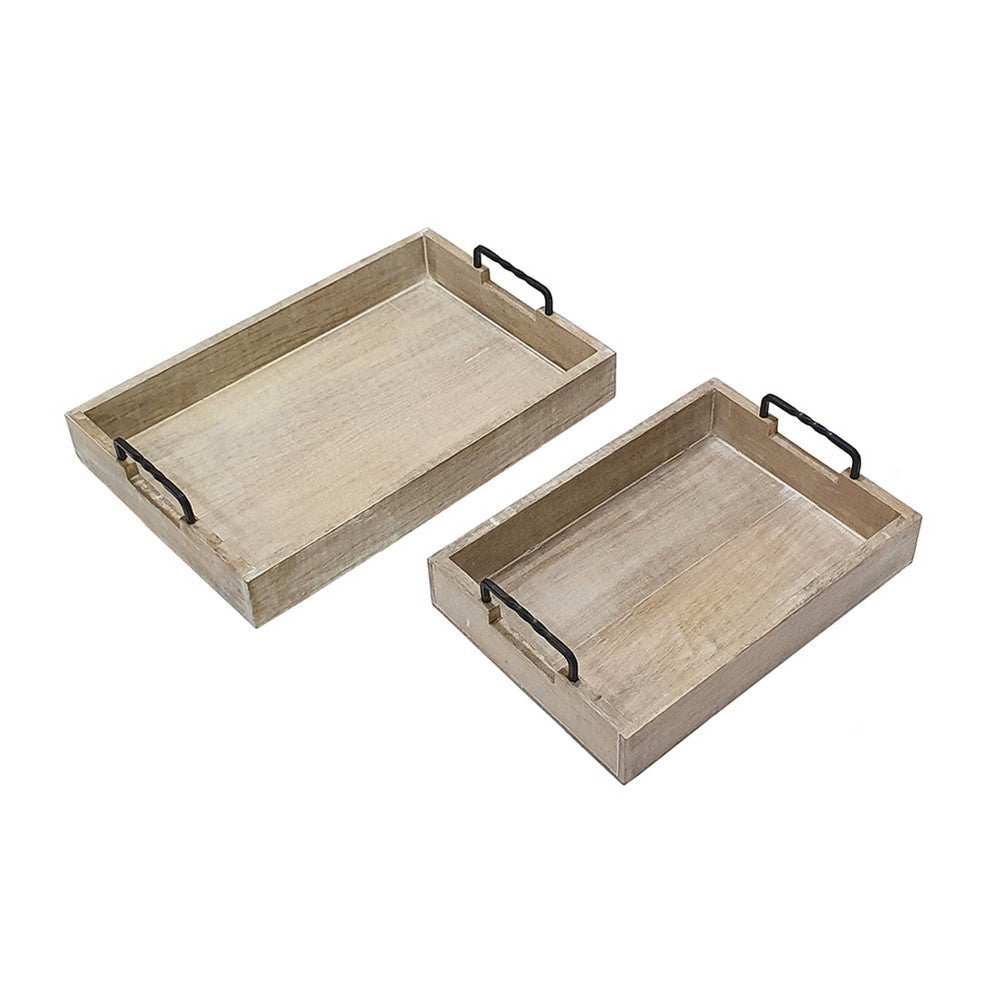Rustic Accessory Tray Set of 2, Black Iron Handles, Natural Beige - BM350137