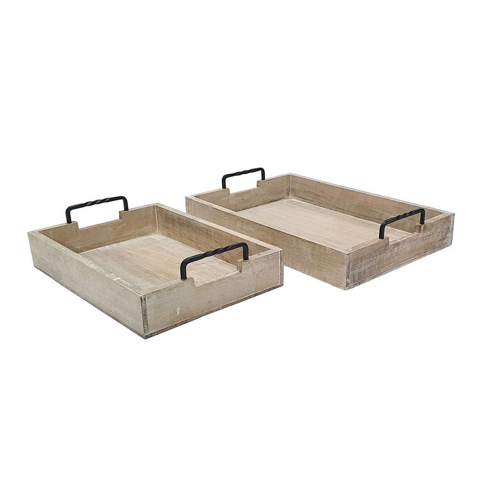 Rustic Accessory Tray Set of 2, Black Iron Handles, Natural Beige - BM350137