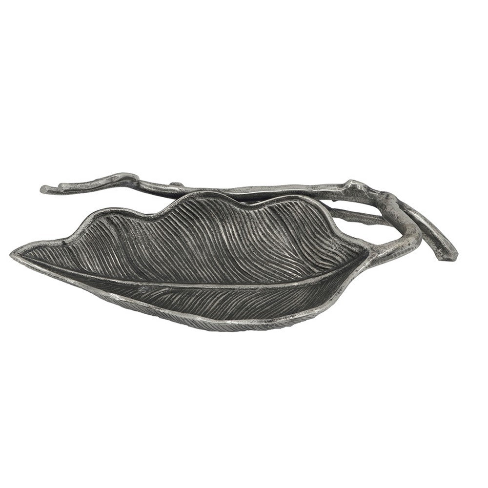 Decorative Leaf Accent Bowl Tray, 16 Inch Antique Silver Aluminum - BM350138