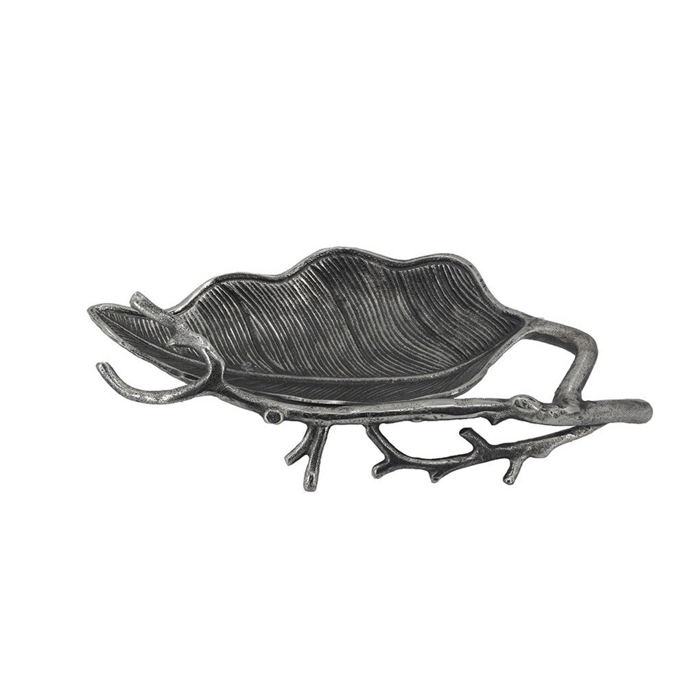 Decorative Leaf Accent Bowl Tray, 16 Inch Antique Silver Aluminum - BM350138