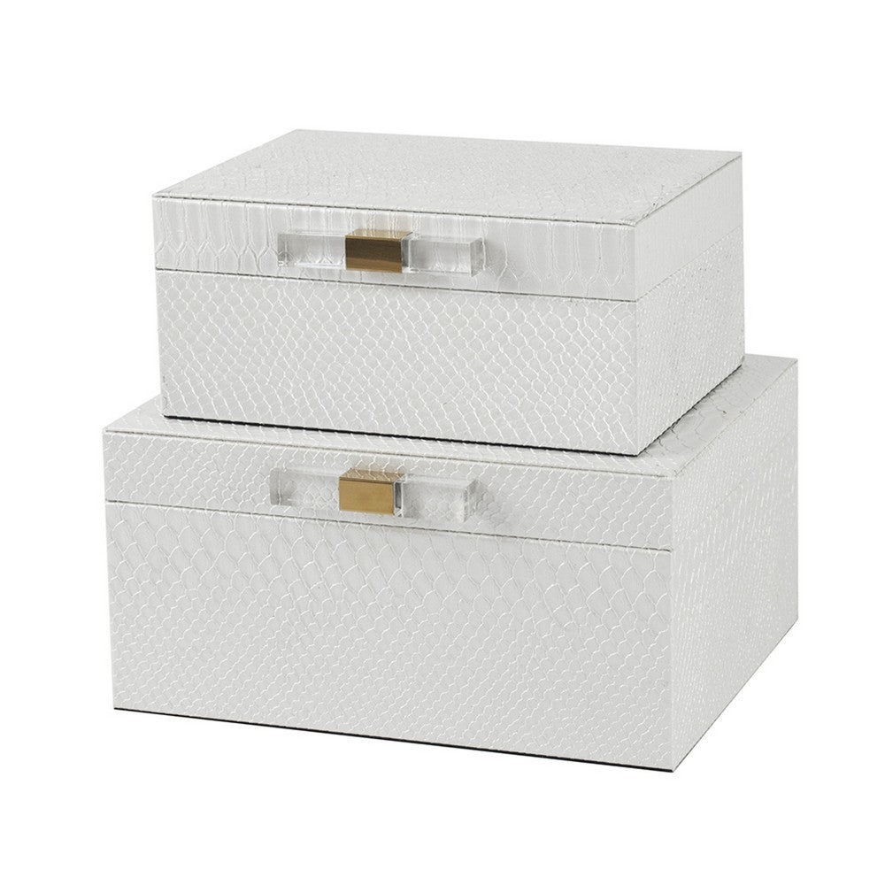 Decor Storage Boxes Set of 2, White Faux Snakeskin with Gold Accents - BM350141