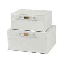 Decor Storage Boxes Set of 2, White Faux Snakeskin with Gold Accents - BM350141