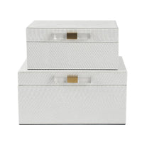 Decor Storage Boxes Set of 2, White Faux Snakeskin with Gold Accents - BM350141