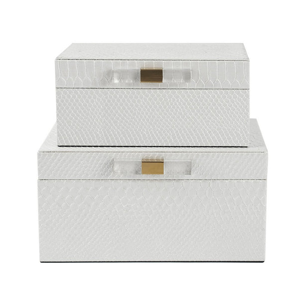 Decor Storage Boxes Set of 2, White Faux Snakeskin with Gold Accents - BM350141