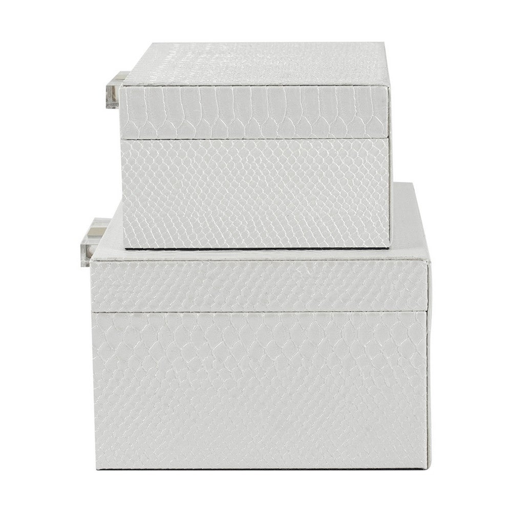 Decor Storage Boxes Set of 2, White Faux Snakeskin with Gold Accents - BM350141