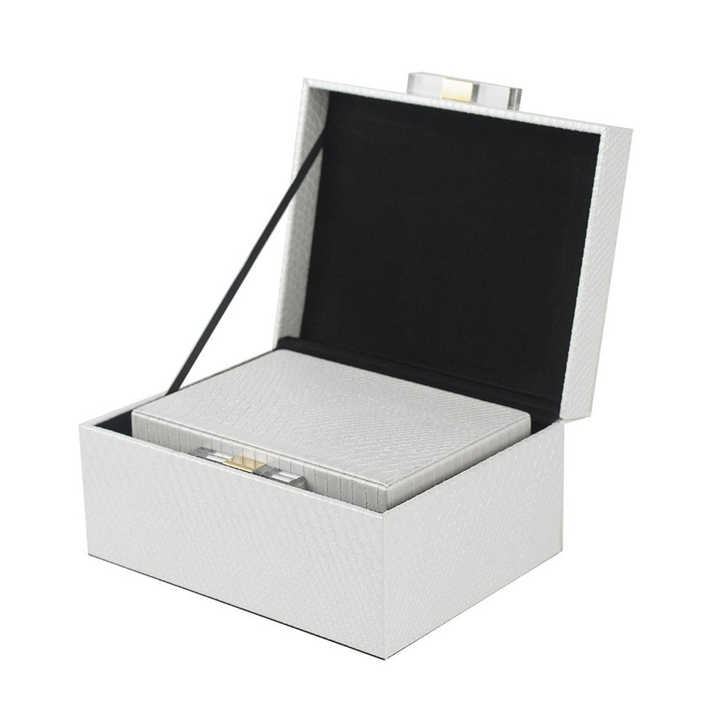 Decor Storage Boxes Set of 2, White Faux Snakeskin with Gold Accents - BM350141