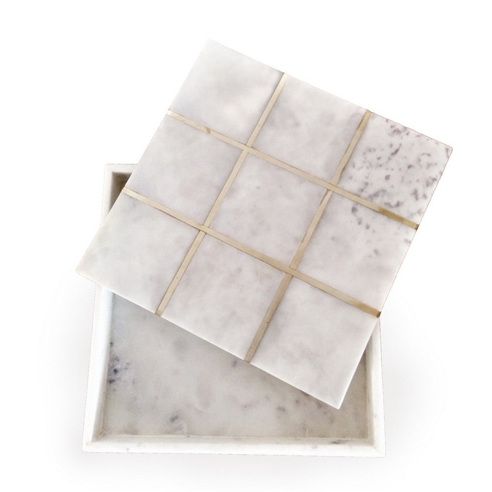 Leza Tic Tac Toe Game Set, White Marble with Gold Inlay, 12 Inch - BM350143
