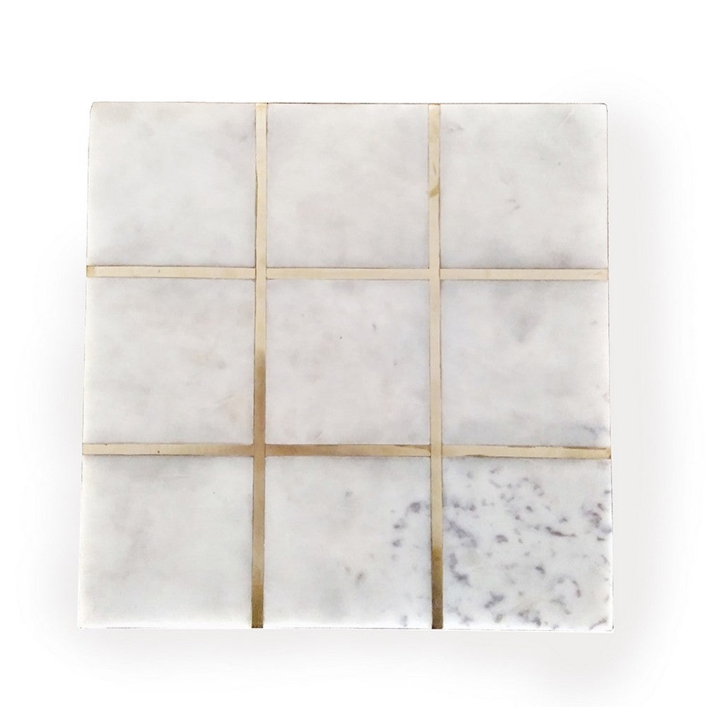 Leza Tic Tac Toe Game Set, White Marble with Gold Inlay, 12 Inch - BM350143