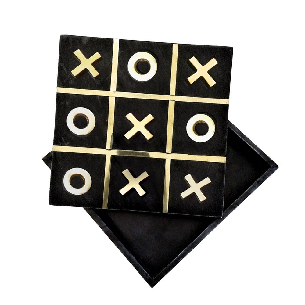Leza Tic Tac Toe Game Set, Black Marble with Gold Inlay, 12 Inch - BM350144