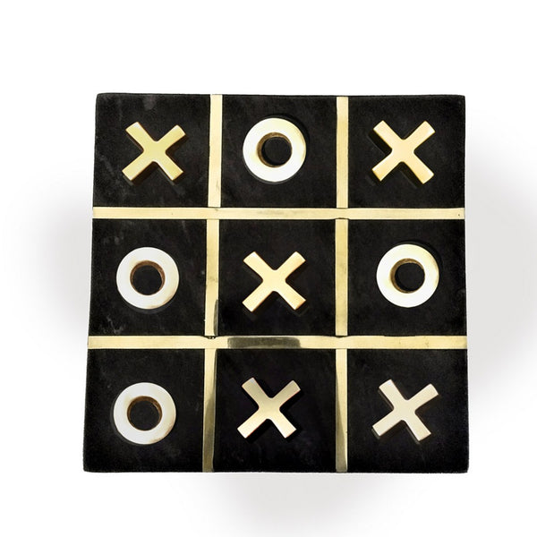 Leza Tic Tac Toe Game Set, Black Marble with Gold Inlay, 12 Inch - BM350144