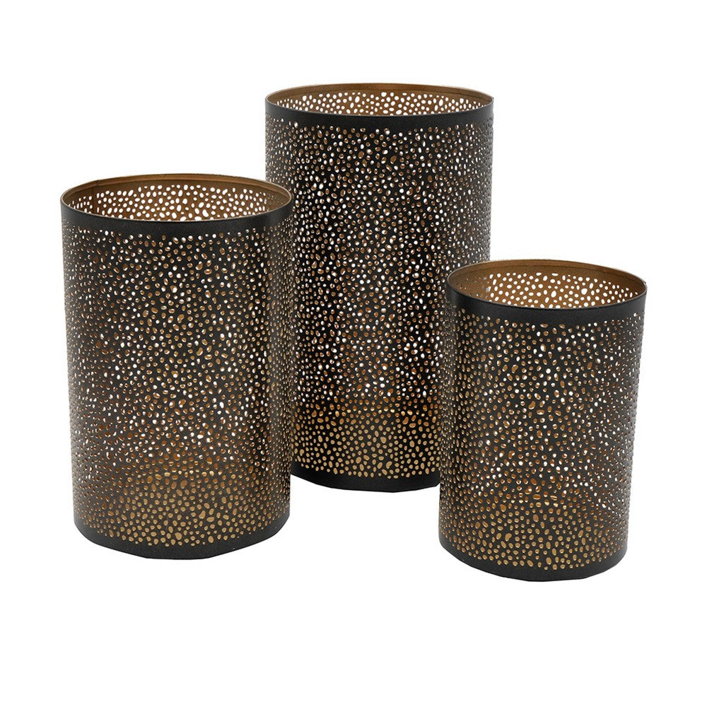 3pc Hurricane Candle Holders Set, Pierced Black with Gold Interior - BM350145