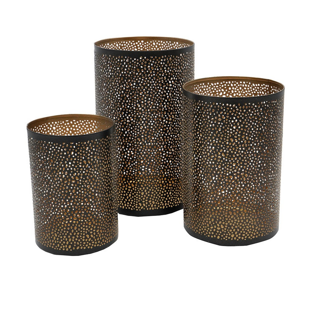 3pc Hurricane Candle Holders Set, Pierced Black with Gold Interior - BM350145