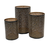 3pc Hurricane Candle Holders Set, Pierced Black with Gold Interior - BM350145