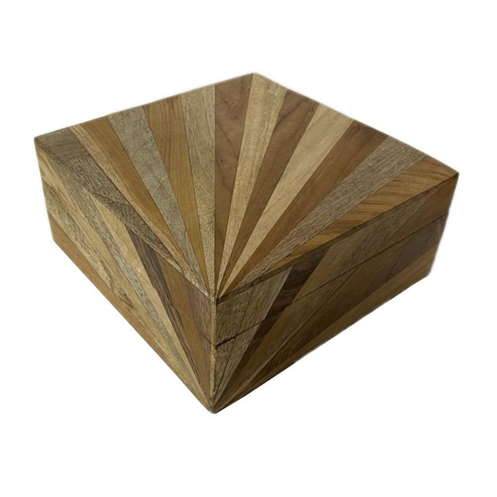 Decorative Storage Box, Sunburst Design, 8 Inch Brown Mango Wood - BM350146
