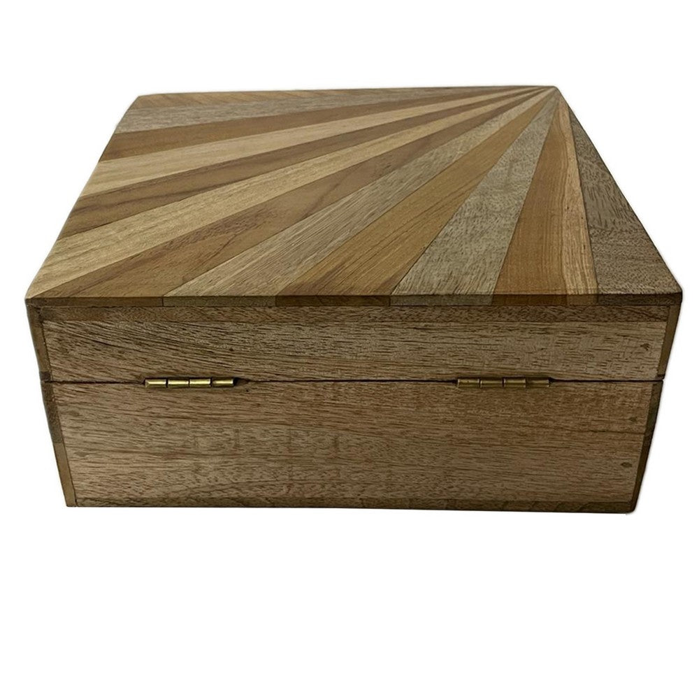 Decorative Storage Box, Sunburst Design, 8 Inch Brown Mango Wood - BM350146