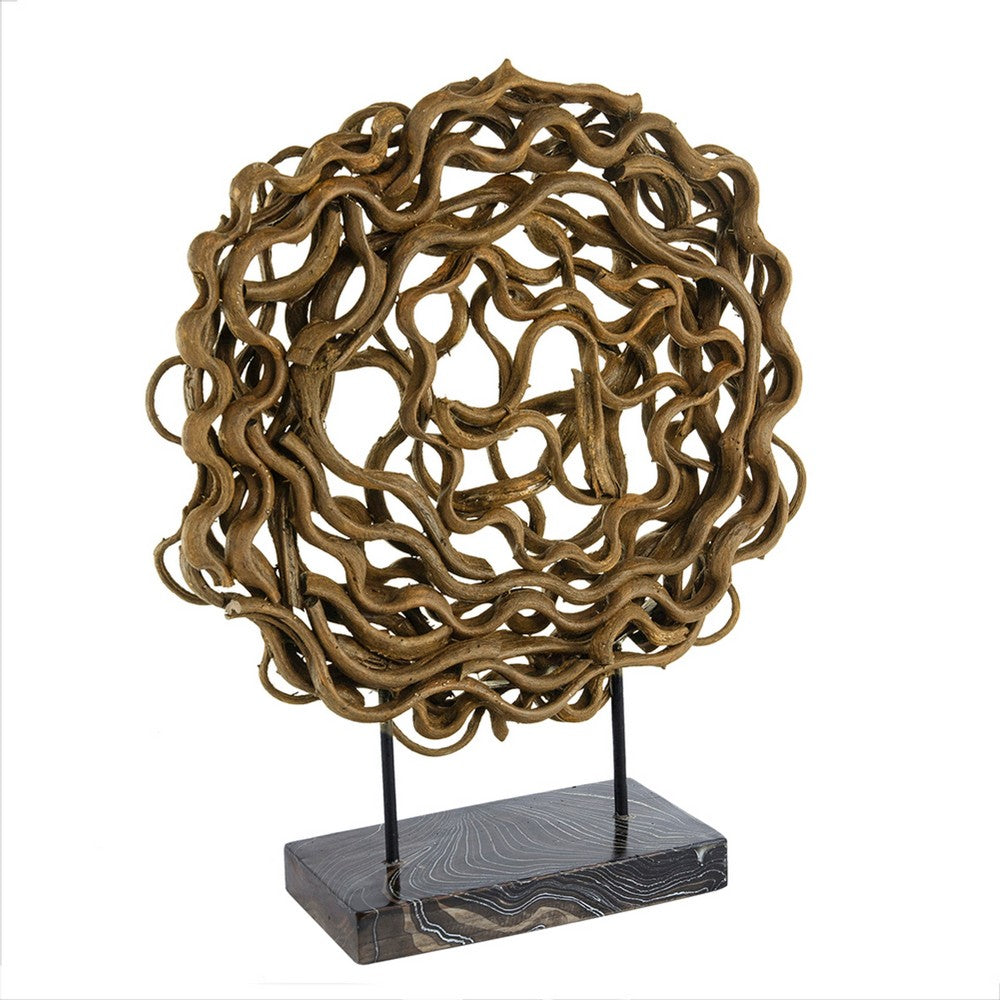 Decorative Tabletop Sculpture, Brown Rattan Intertwined, 20 Inch Round - BM350147