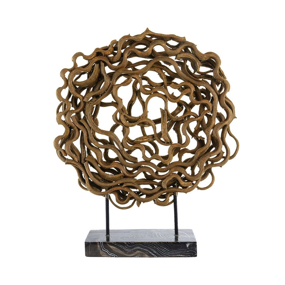 Decorative Tabletop Sculpture, Brown Rattan Intertwined, 20 Inch Round - BM350147