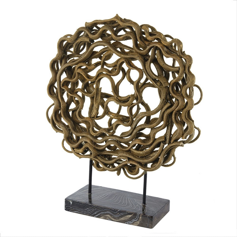 Decorative Tabletop Sculpture, Brown Rattan Intertwined, 20 Inch Round - BM350147