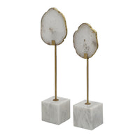 Decorative Statute Set of 2, White Agate Stone and Marble, Gold Accent - BM350148