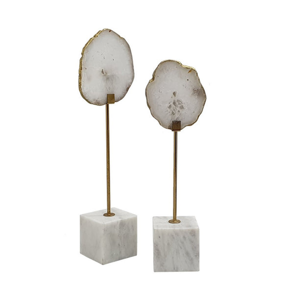 Decorative Statute Set of 2, White Agate Stone and Marble, Gold Accent - BM350148
