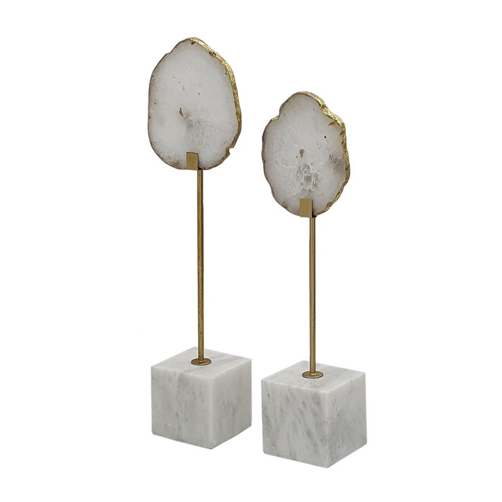 Decorative Statute Set of 2, White Agate Stone and Marble, Gold Accent - BM350148
