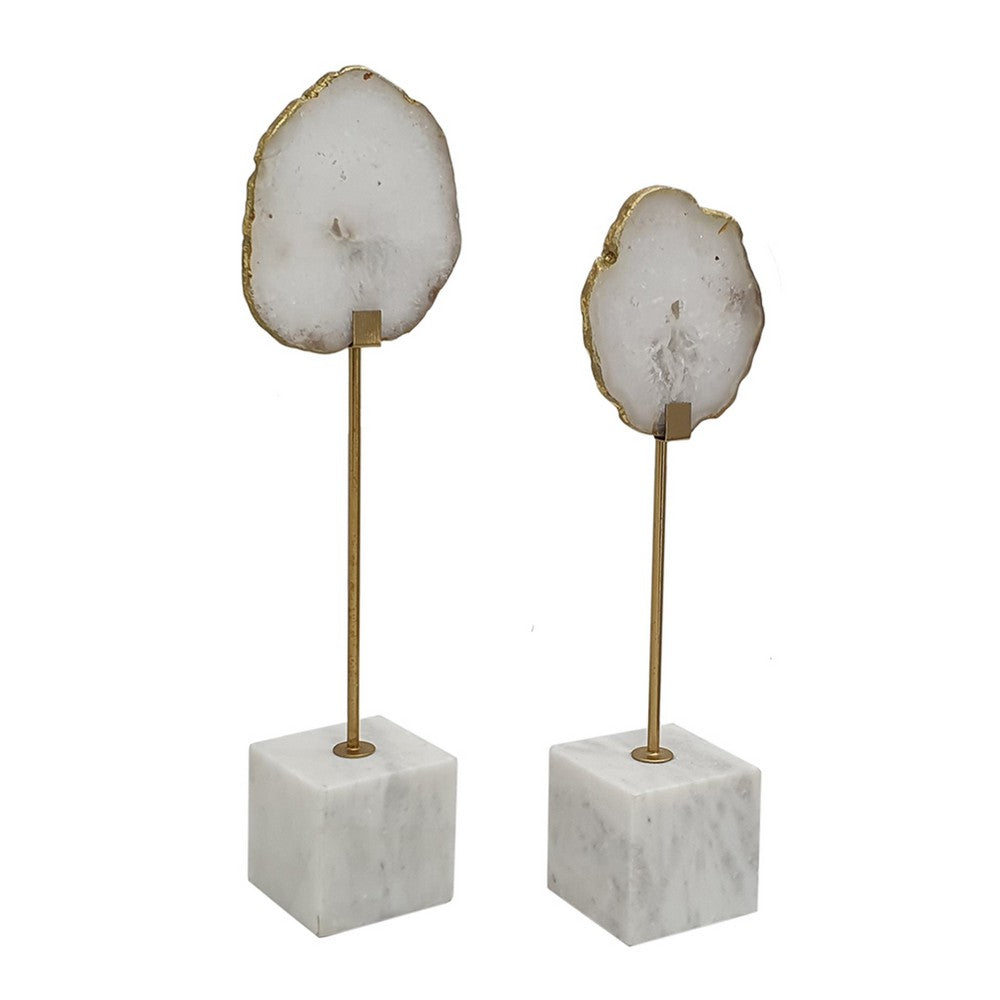 Decorative Statute Set of 2, White Agate Stone and Marble, Gold Accent - BM350148