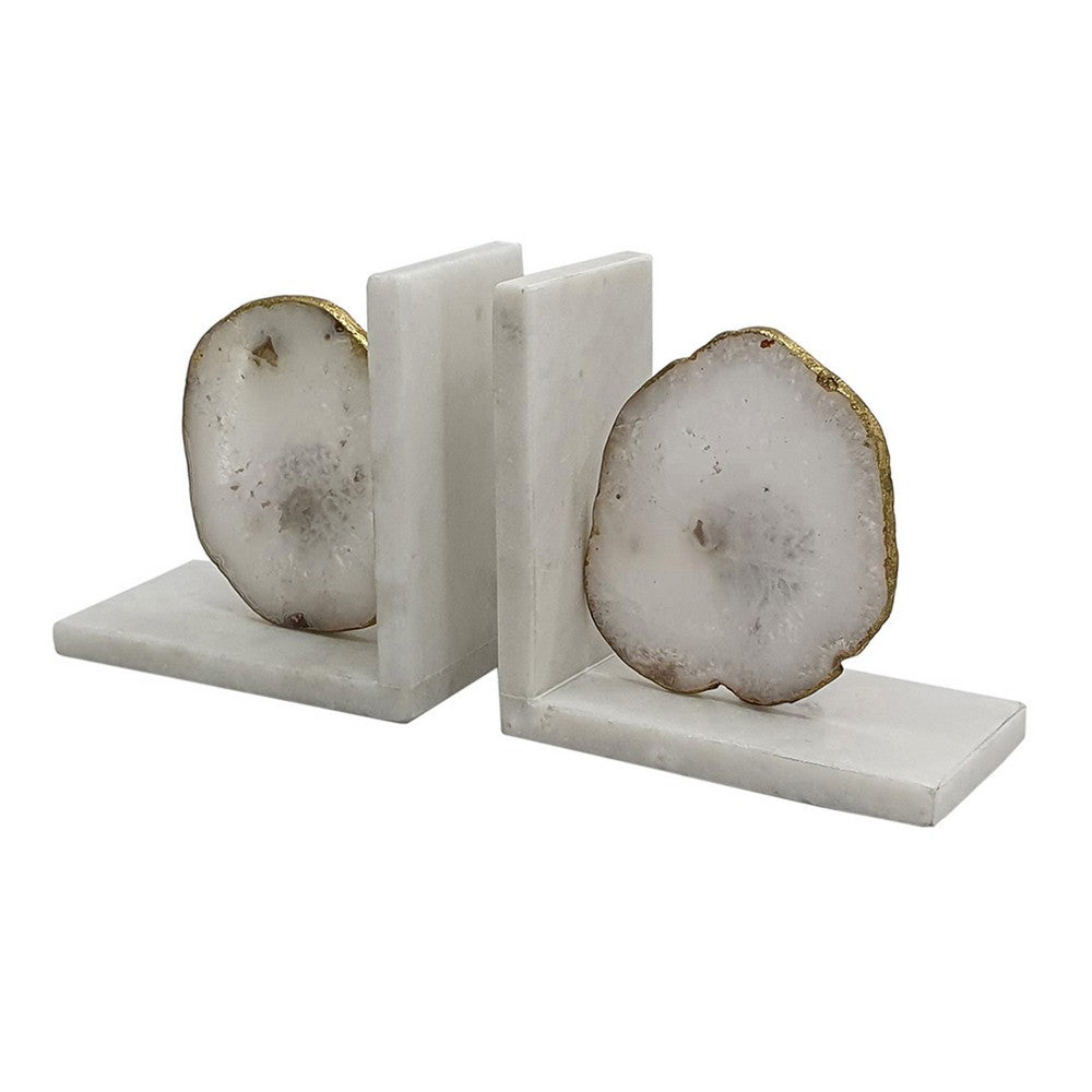 Hemi Agate Bookends Set of 2, Glam White Natural Stone and Marble - BM350149