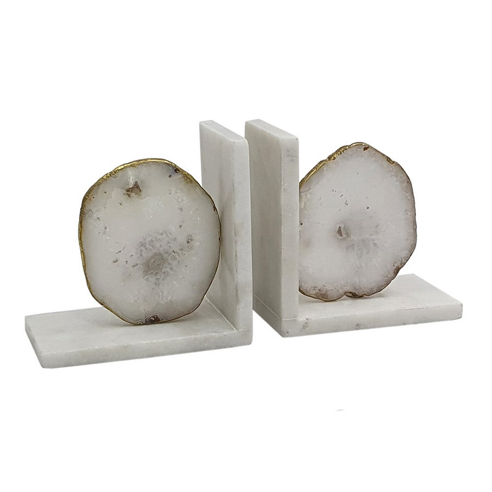 Hemi Agate Bookends Set of 2, Glam White Natural Stone and Marble - BM350149