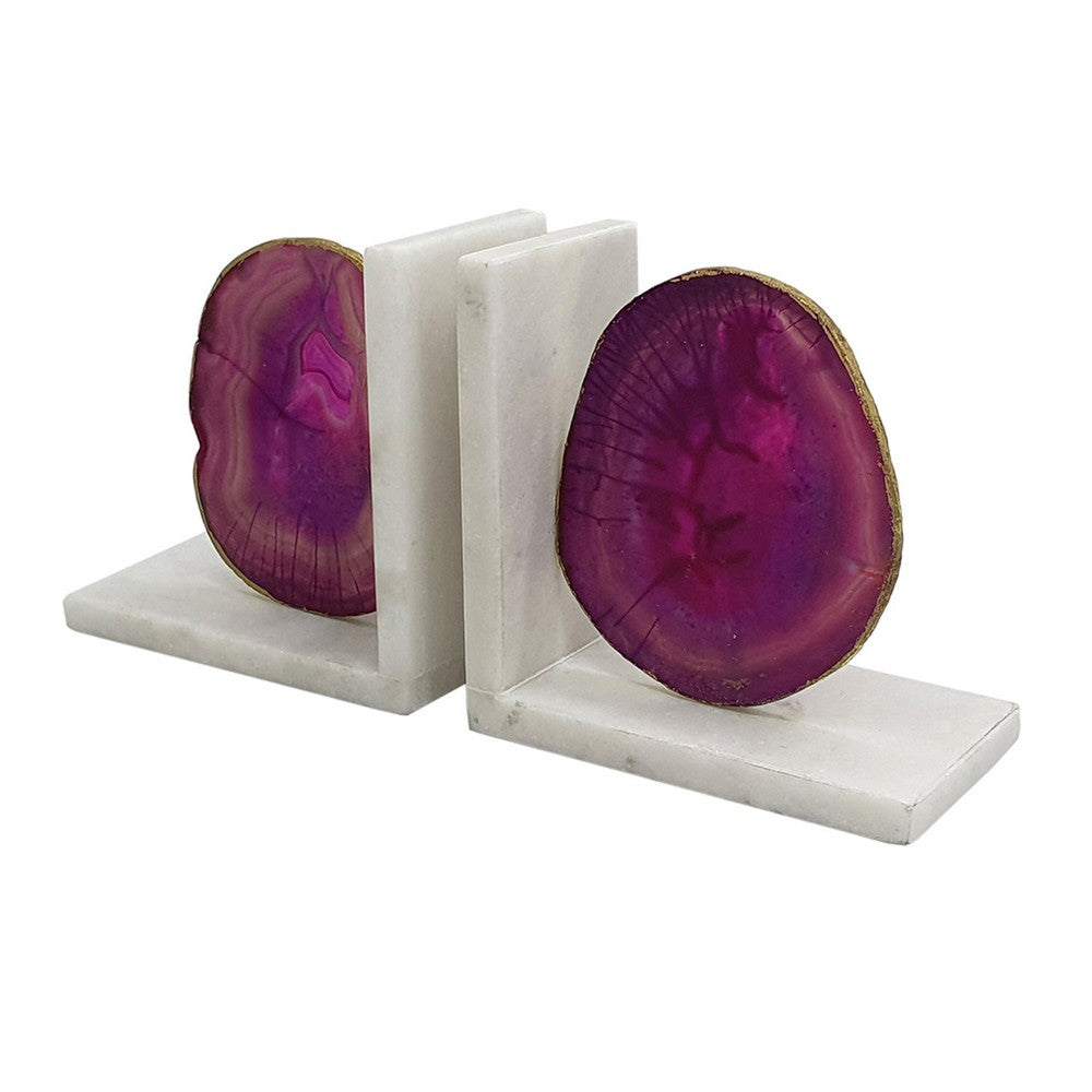 Hemi Agate Bookends Set of 2, Glam Pink Natural Stone, White Marble - BM350150