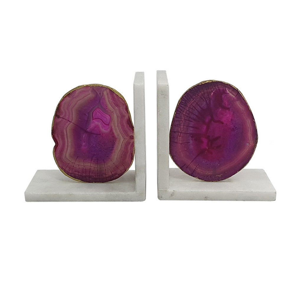 Hemi Agate Bookends Set of 2, Glam Pink Natural Stone, White Marble - BM350150