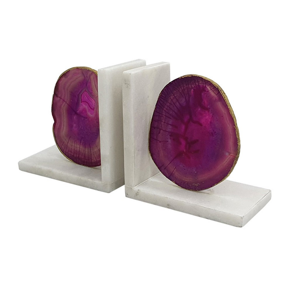 Hemi Agate Bookends Set of 2, Glam Pink Natural Stone, White Marble - BM350150
