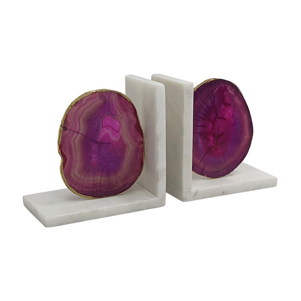 Hemi Agate Bookends Set of 2, Glam Pink Natural Stone, White Marble - BM350150