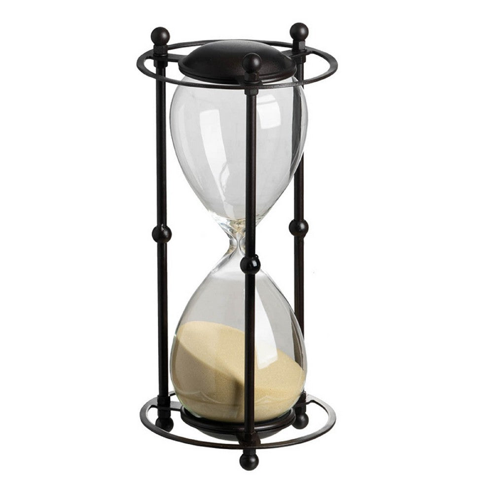 Iaon Hourglass Timer with Beige Sand, Tabletop 13 Inch Black Iron Stand - BM350153