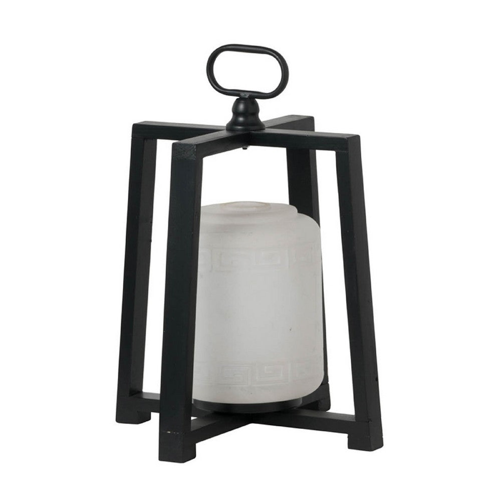 Lantern with White Glass Insert, Fir Wood and Iron Loop, 17 Inch - BM350154