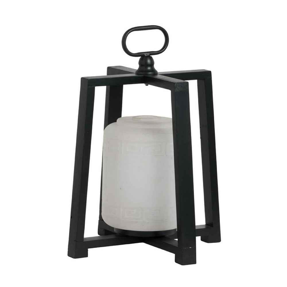 Lantern with White Glass Insert, Fir Wood and Iron Loop, 17 Inch - BM350154