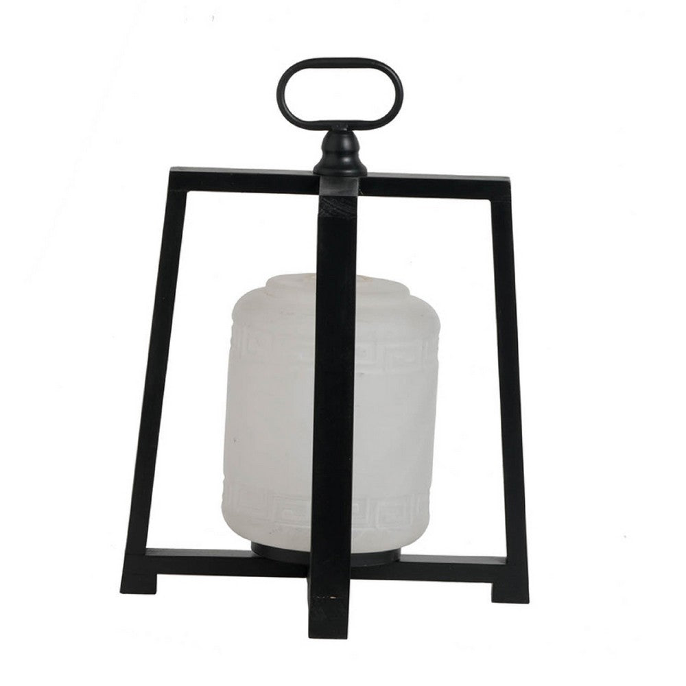 Lantern with White Glass Insert, Fir Wood and Iron Loop, 17 Inch - BM350154