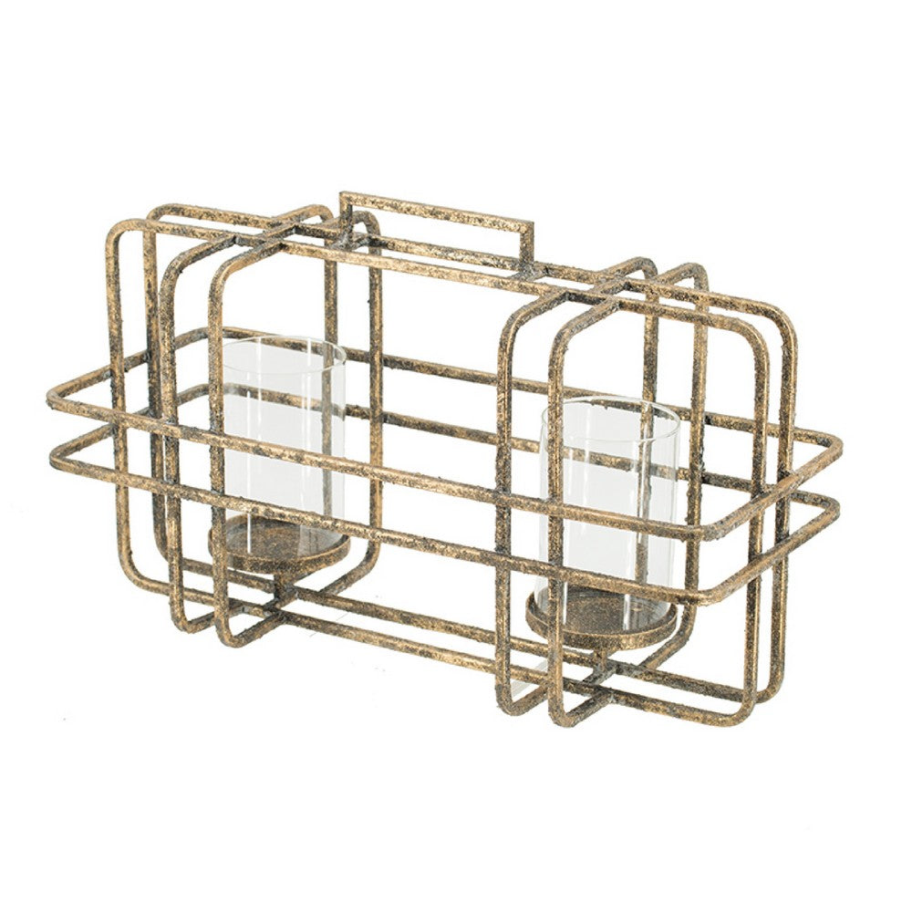Decorative Candle Holder with Glass and Gold Open Geometric Frame - BM350161