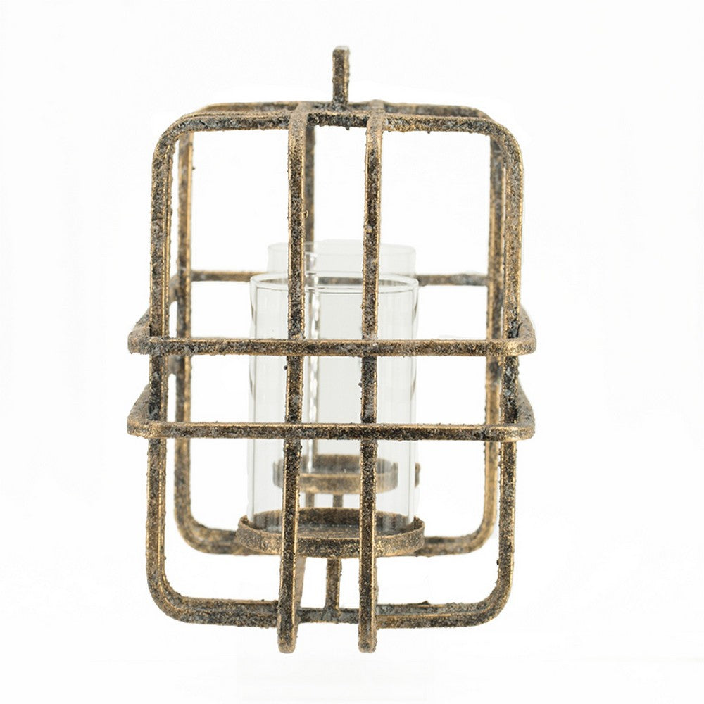Decorative Candle Holder with Glass and Gold Open Geometric Frame - BM350161
