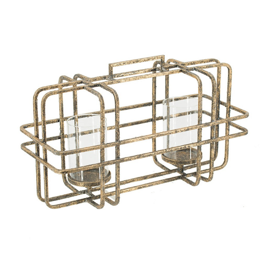 Decorative Candle Holder with Glass and Gold Open Geometric Frame - BM350161
