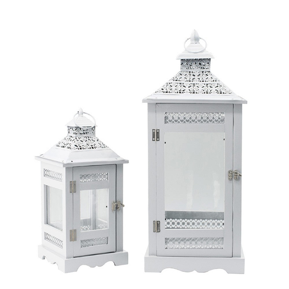 Decorative Lantern Set of 2, Classic Cut Out Details and Glass Panels, White - BM350162