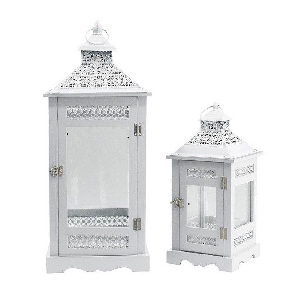 Decorative Lantern Set of 2, Classic Cut Out Details and Glass Panels, White - BM350162