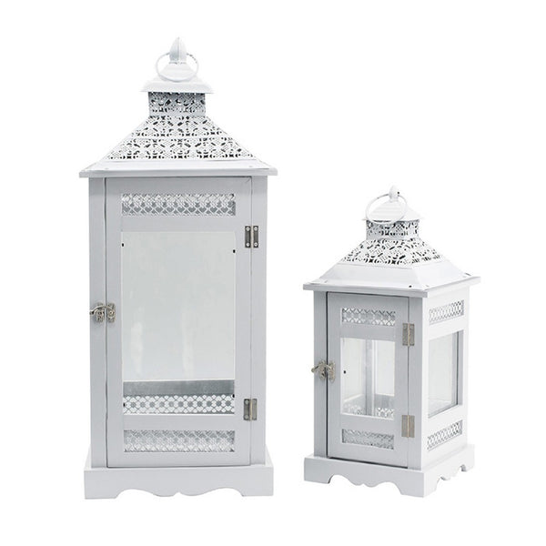 Decorative Lantern Set of 2, Classic Cut Out Details and Glass Panels, White - BM350162